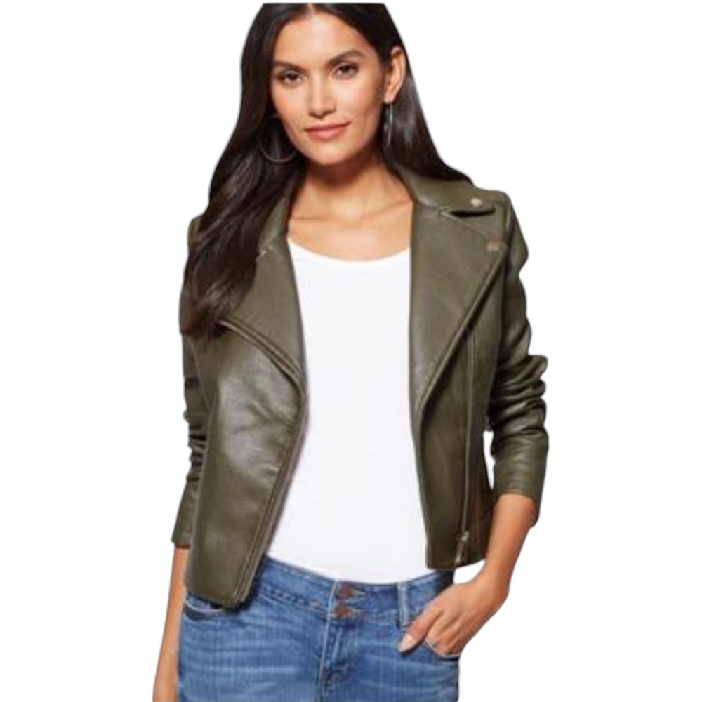 NY & Co Faux Leather Jacket Womens Large Moto Olive Bomber Asymmetric‎ Gorpcore